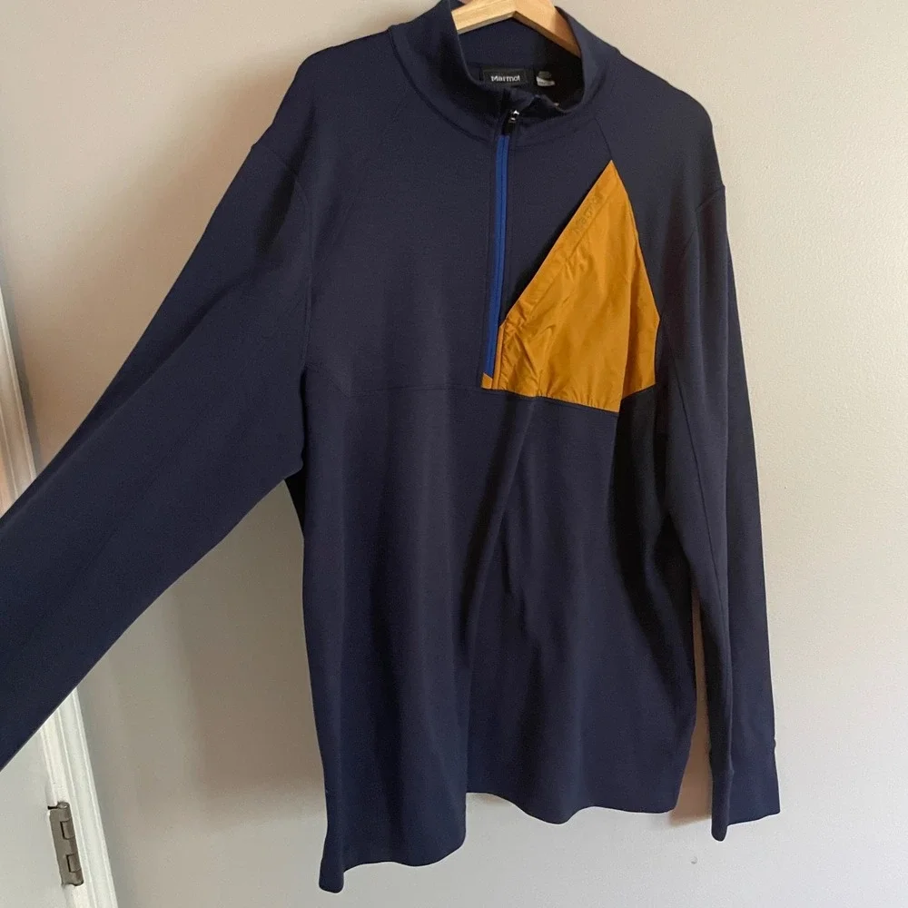 Marmot Pullover Mens XXL Blue Yellow 1/4 Zip Grid Fleece Pocket Gorpcore SCC-569